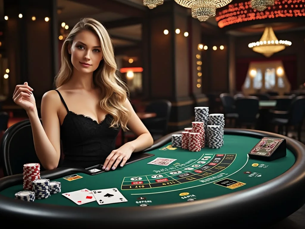 Dealer dan meja kartu pada ruang kasino live